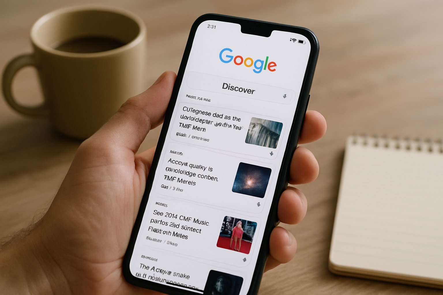 Person checks Google Discover headlines on smartphone at home table.