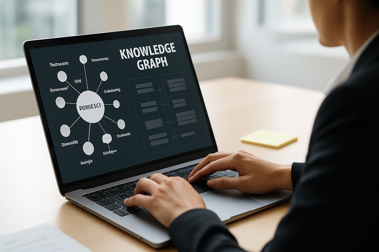 Enterprise Knowledge Graph Automation interface on laptop used by businesswoman.