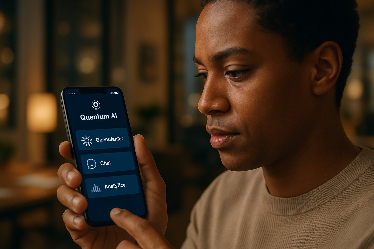 User interacting with a mobile Quantum AI app called ChatQLM in a modern office setting.