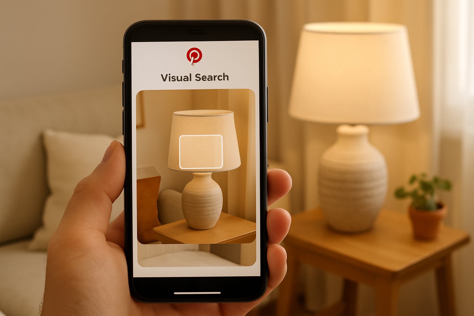 Person uses Pinterest Visual Search on smartphone in home setting