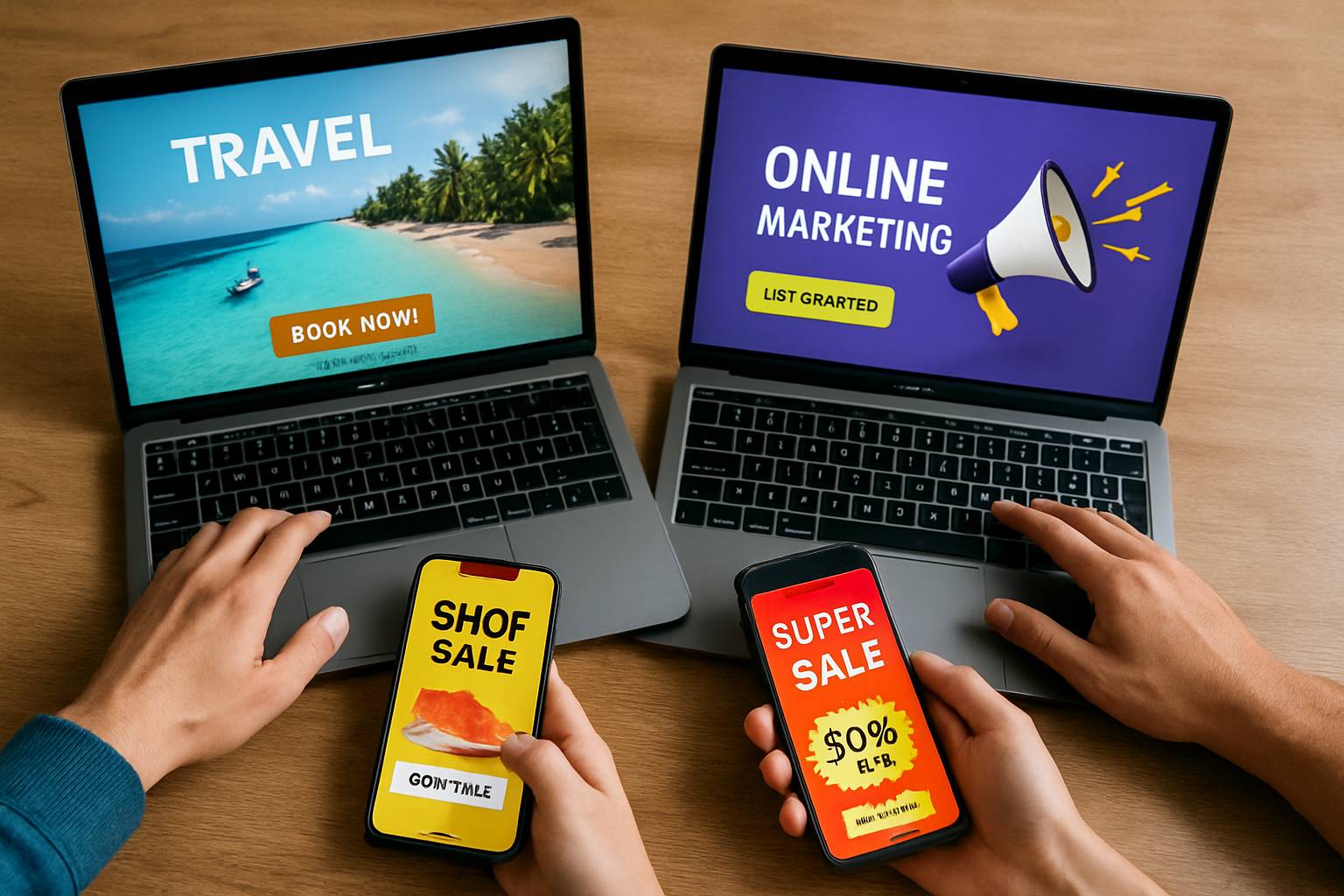 Creative asset variant generators shown on laptop and mobile for streamlined ad testing.