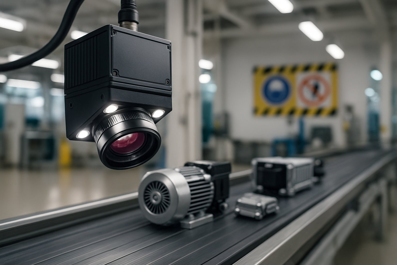 Machine vision camera using Predictive Maintenance Vision Systems on a conveyor belt.