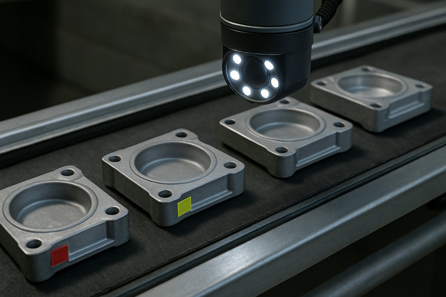 Conveyor belt monitored by quality defect recognition systems highlighting defective parts