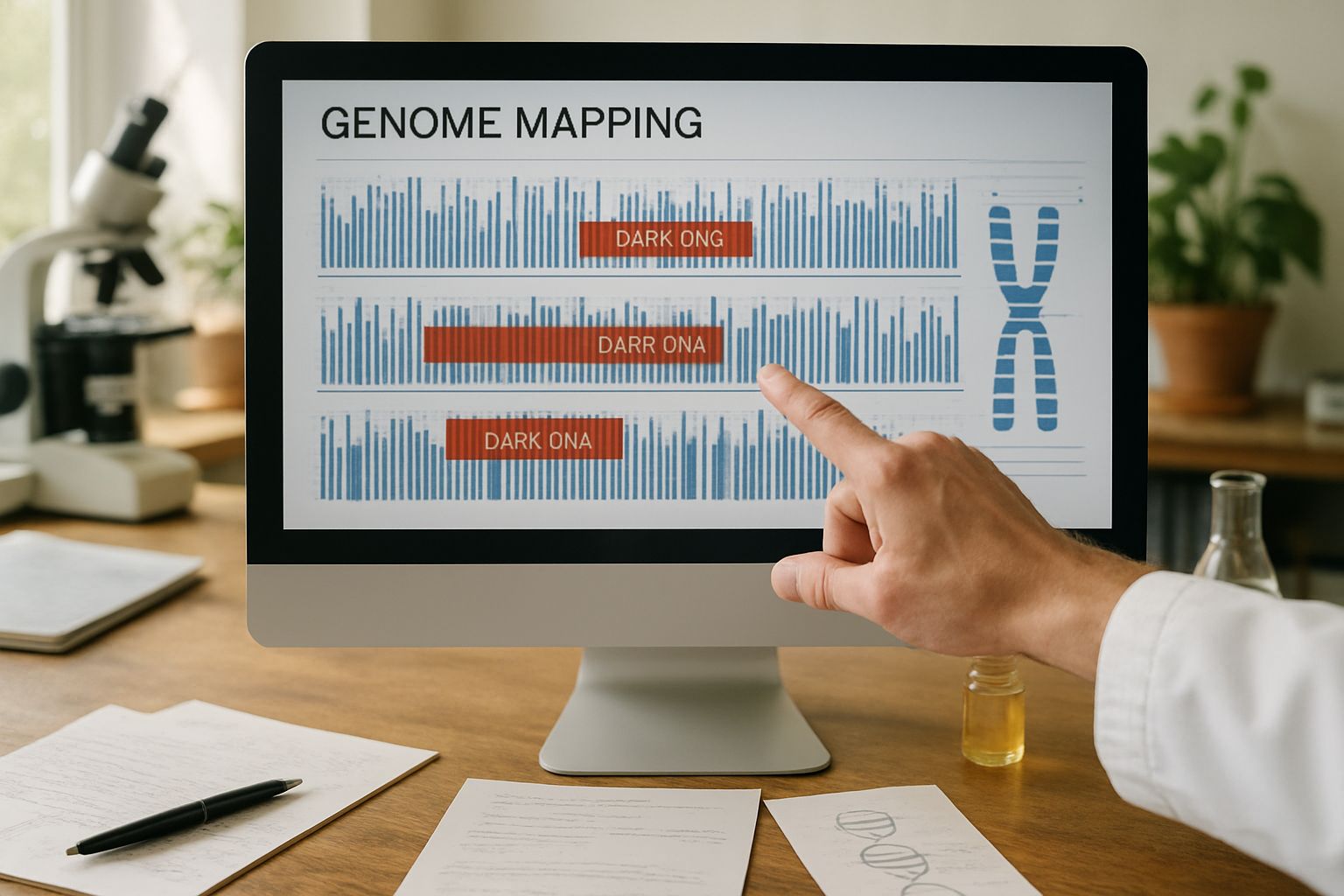 Genomic AI visualizes dark DNA regions on a genome map.