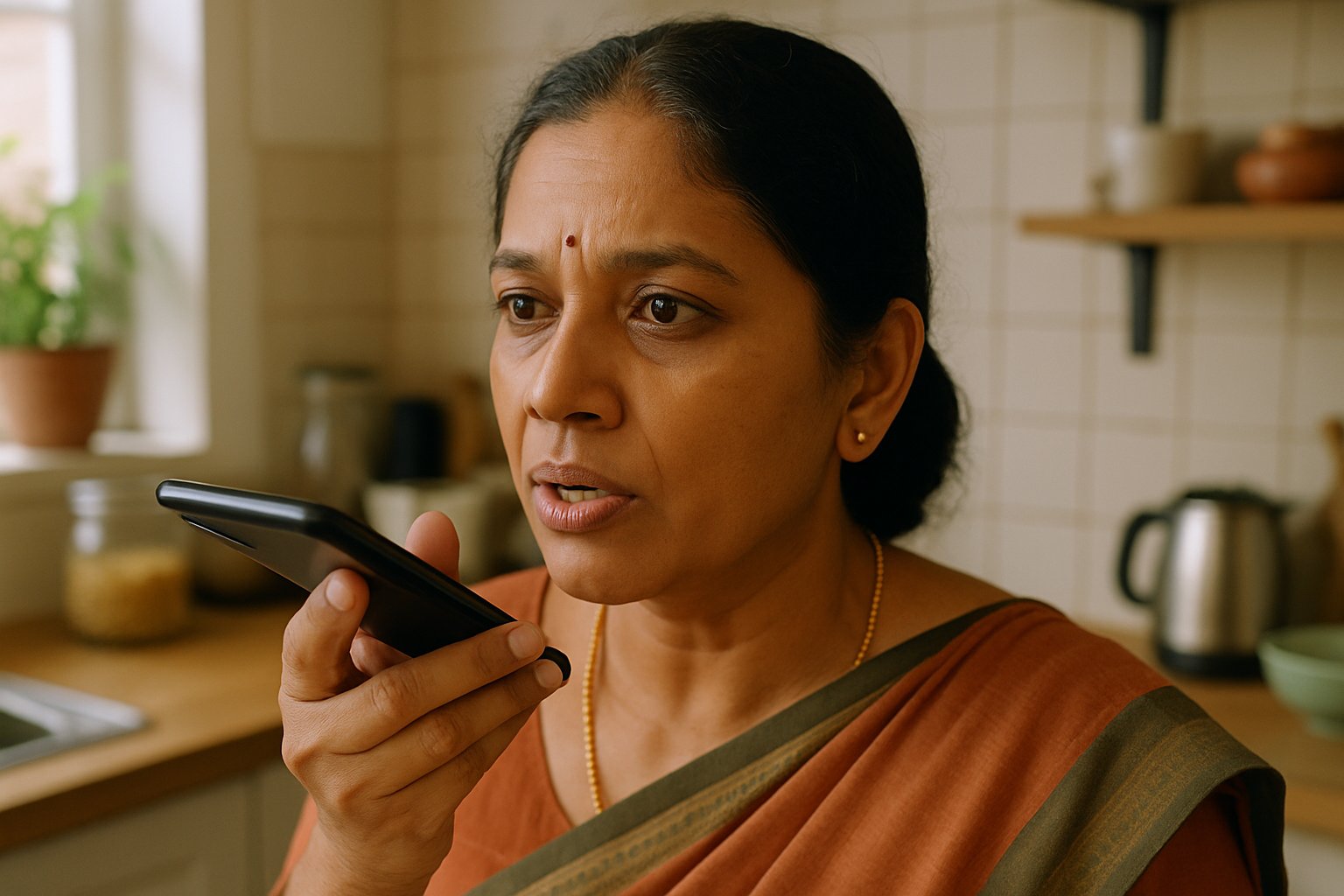 Indian woman using Voice AI on mobile phone in her kitchen