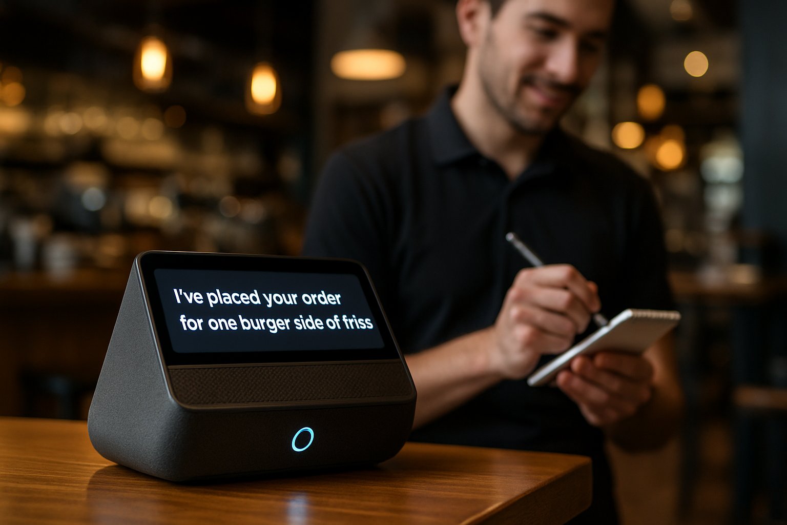 Restaurant counter with Retail Voice Assistant device
