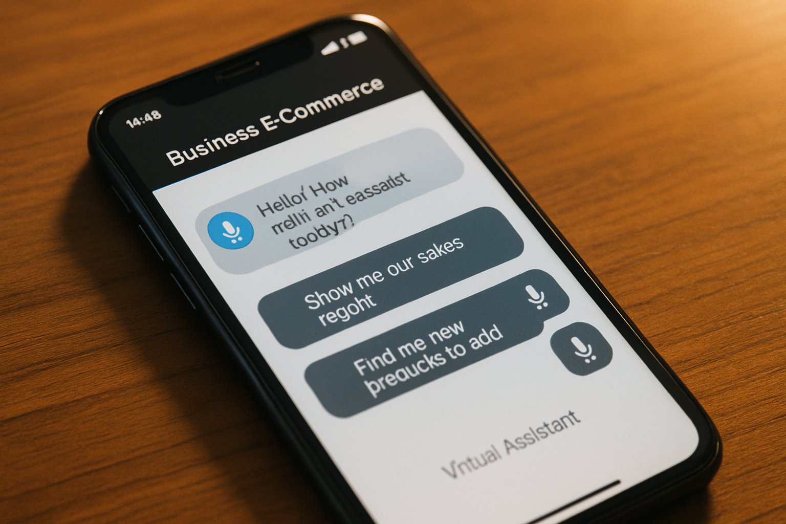 Synthetic Voice Commerce Interfaces powering e-commerce virtual assistant on smartphone.