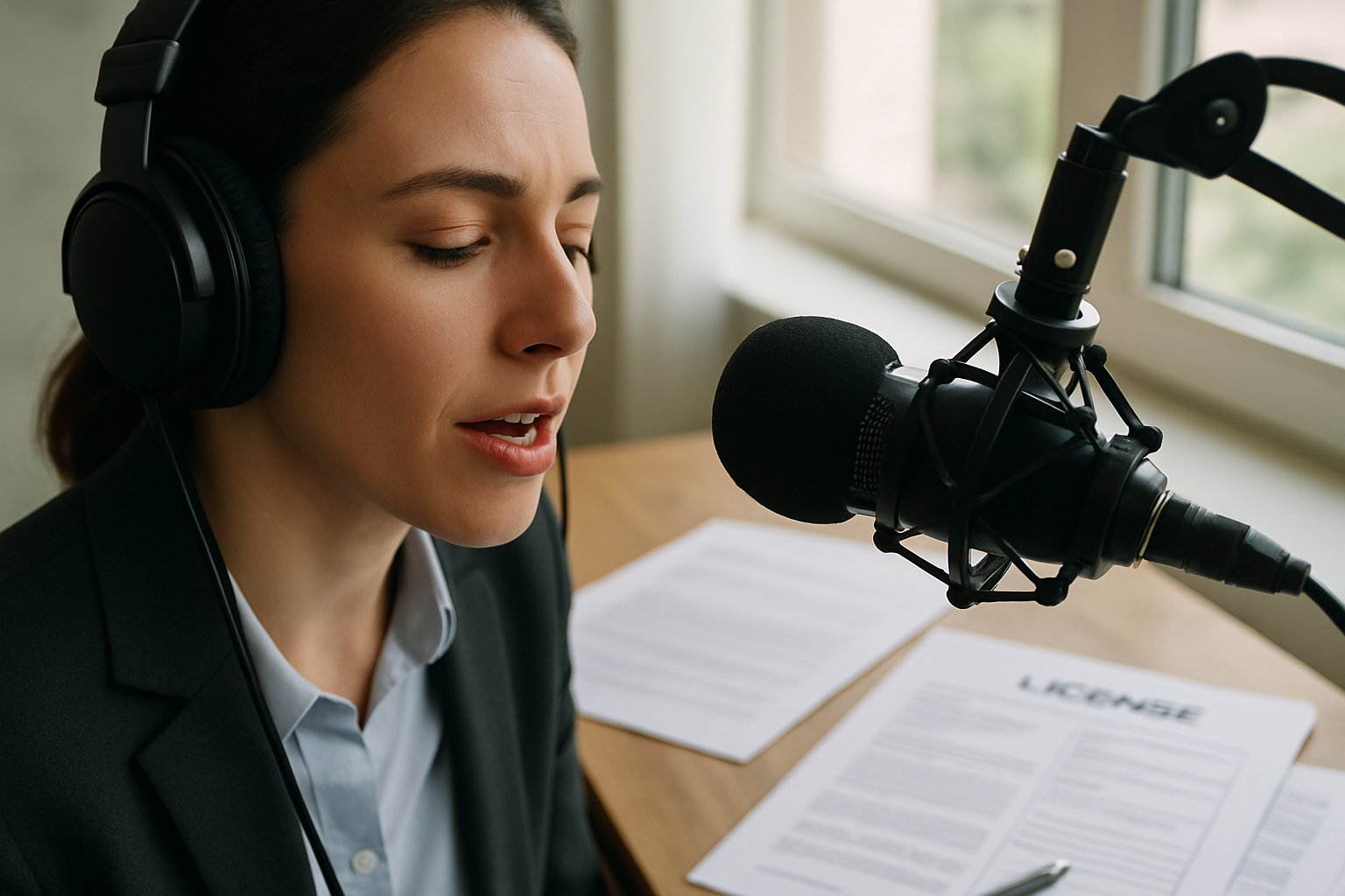 Voice artist uses neural voice licensing upgrade during studio session.