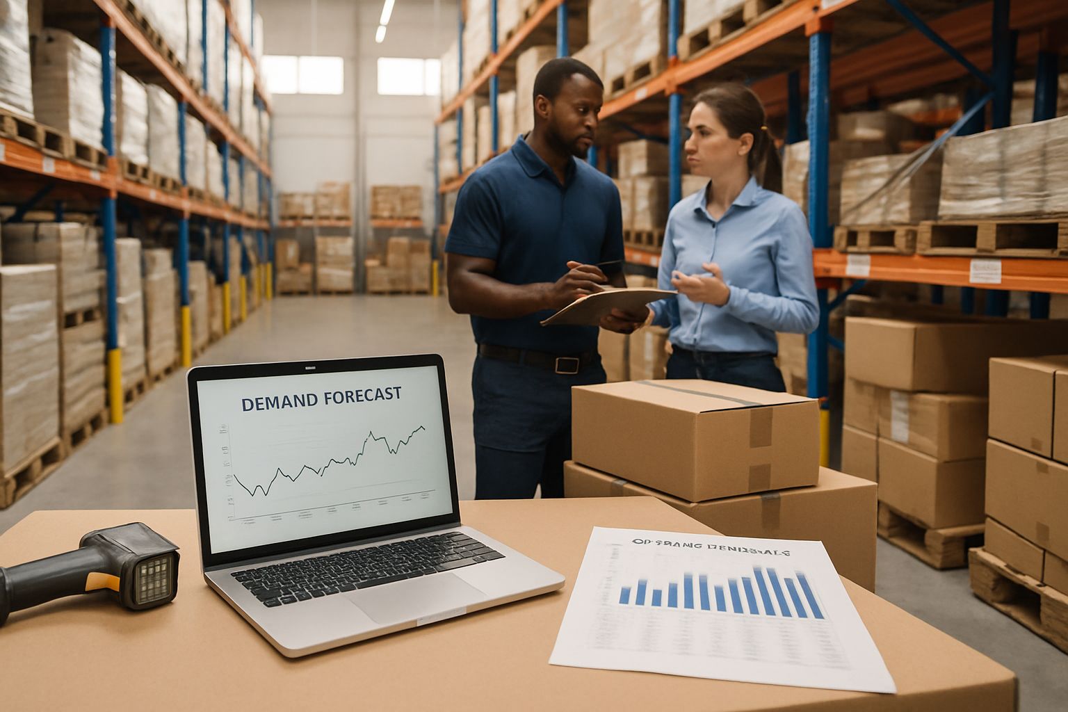 Big-box warehouse staff applying predictive demand intelligence insights to inventory.