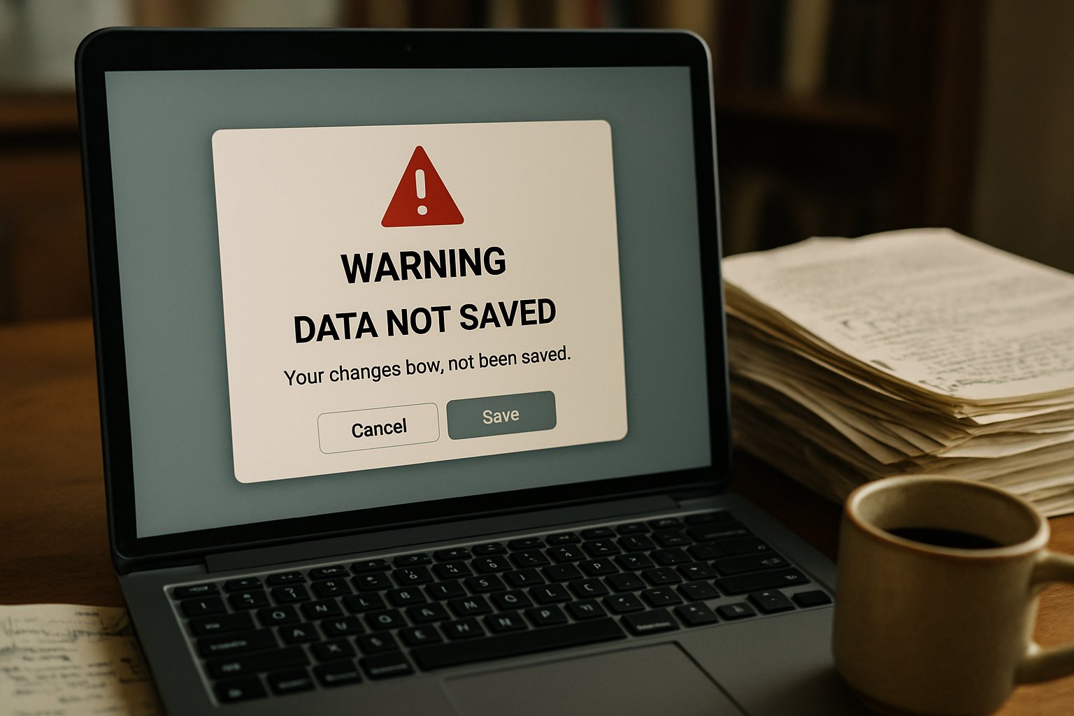 Laptop warning message illustrates ChatGPT Data Loss scenario for researchers.