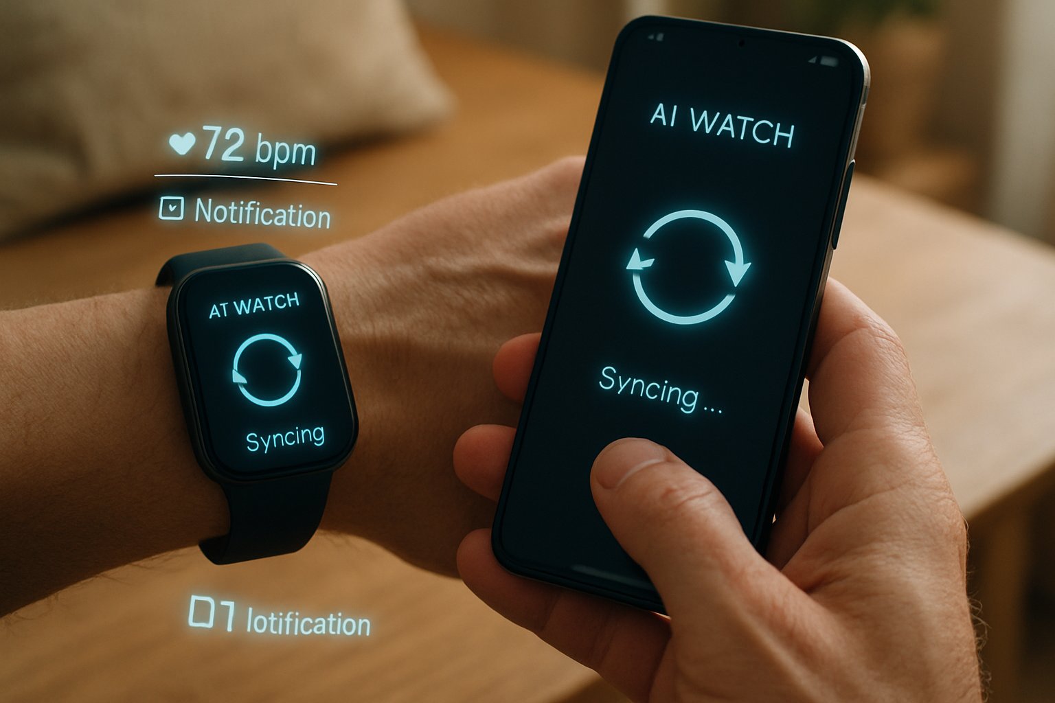 Person syncing Wearable AI watch with phone at home.