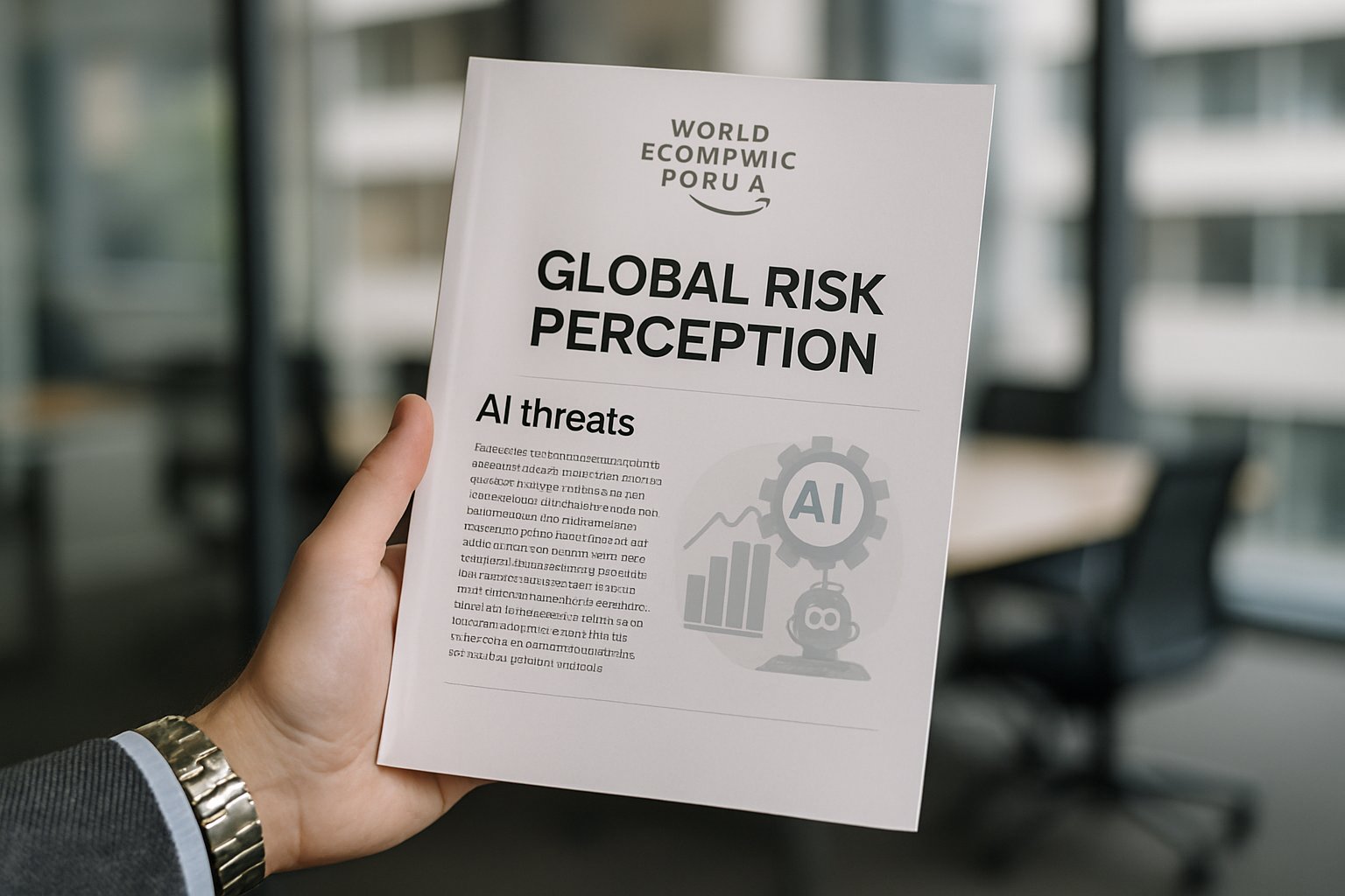 Global Risk Perception report highlighting AI threats with realistic infographic.