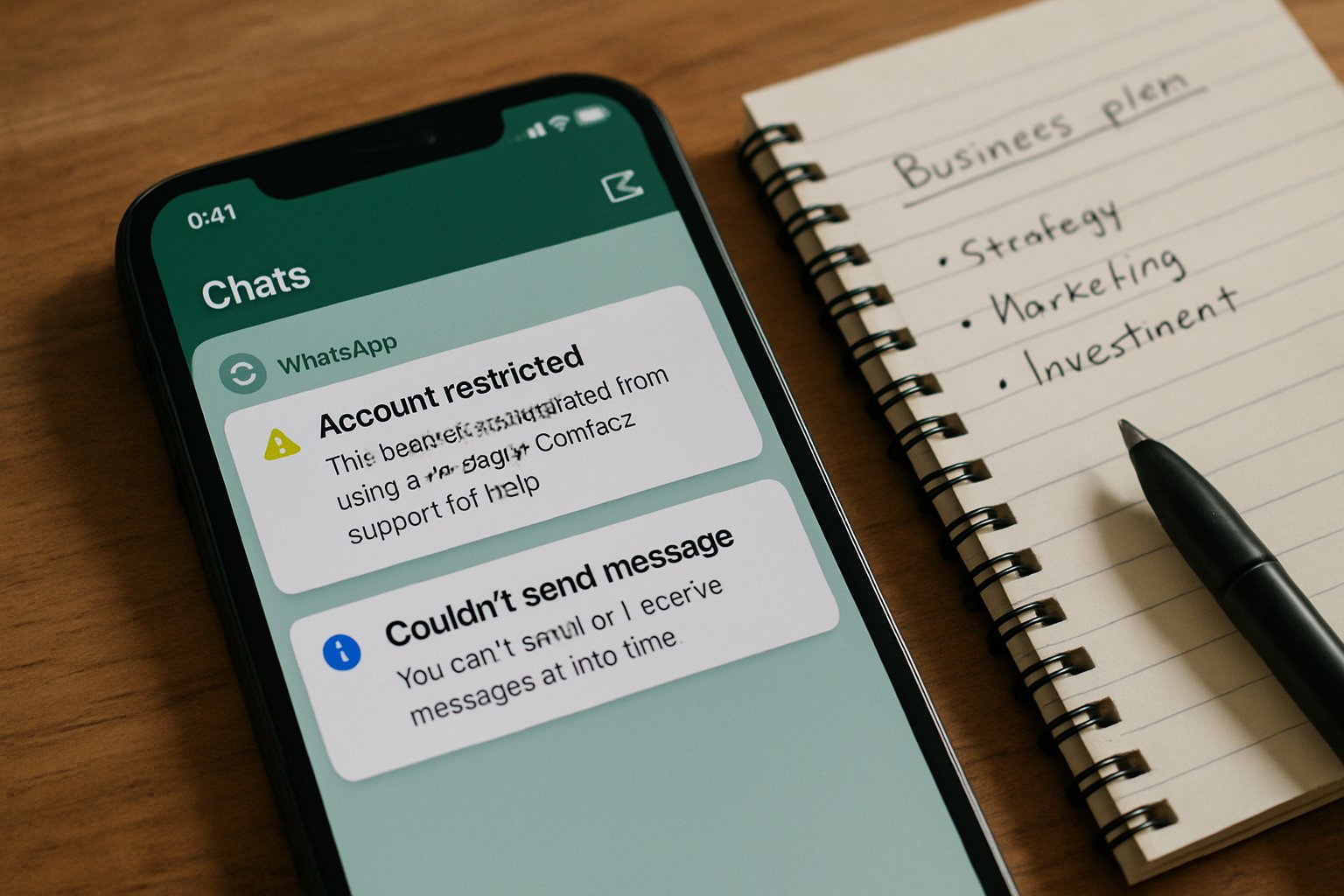Smartphone on desk displaying WhatsApp restrictions related to Platform Governance.