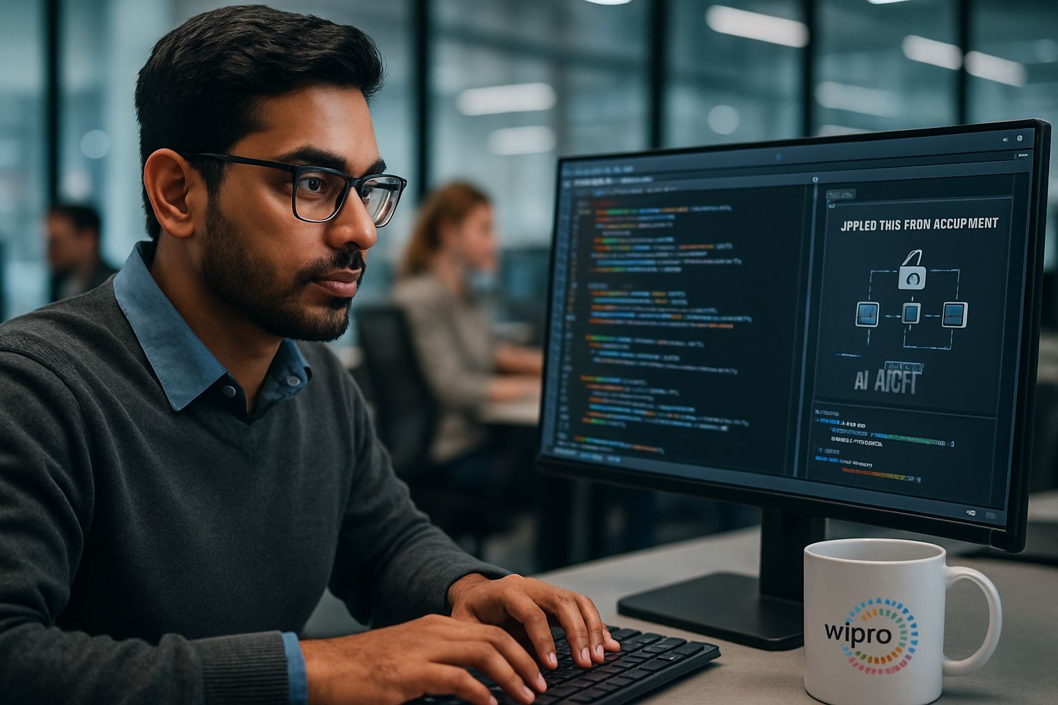 Wipro developer using AI-driven coding tools in enterprise tech office.