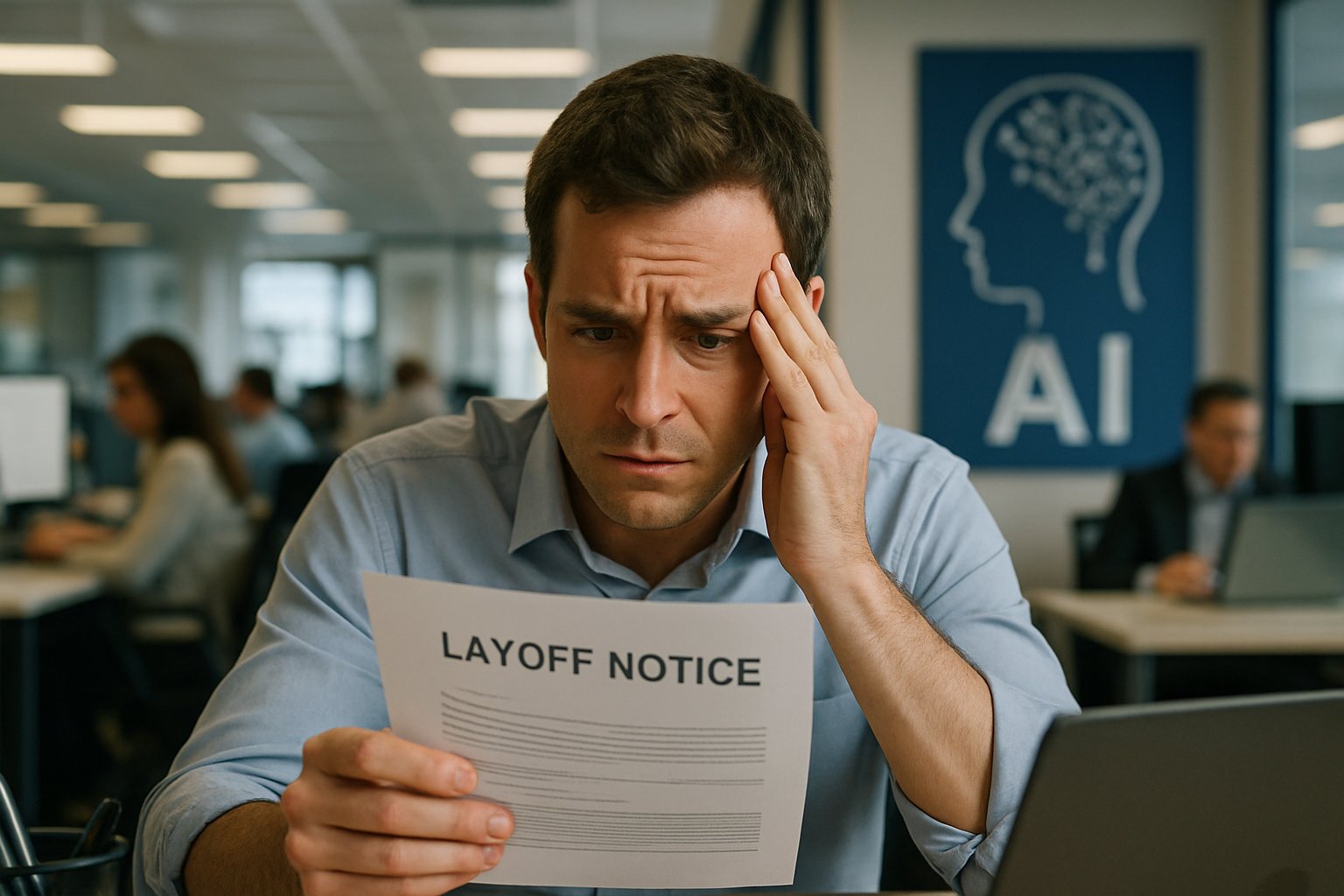 Office worker experiences executive scapegoating in AI-related layoff scenario.