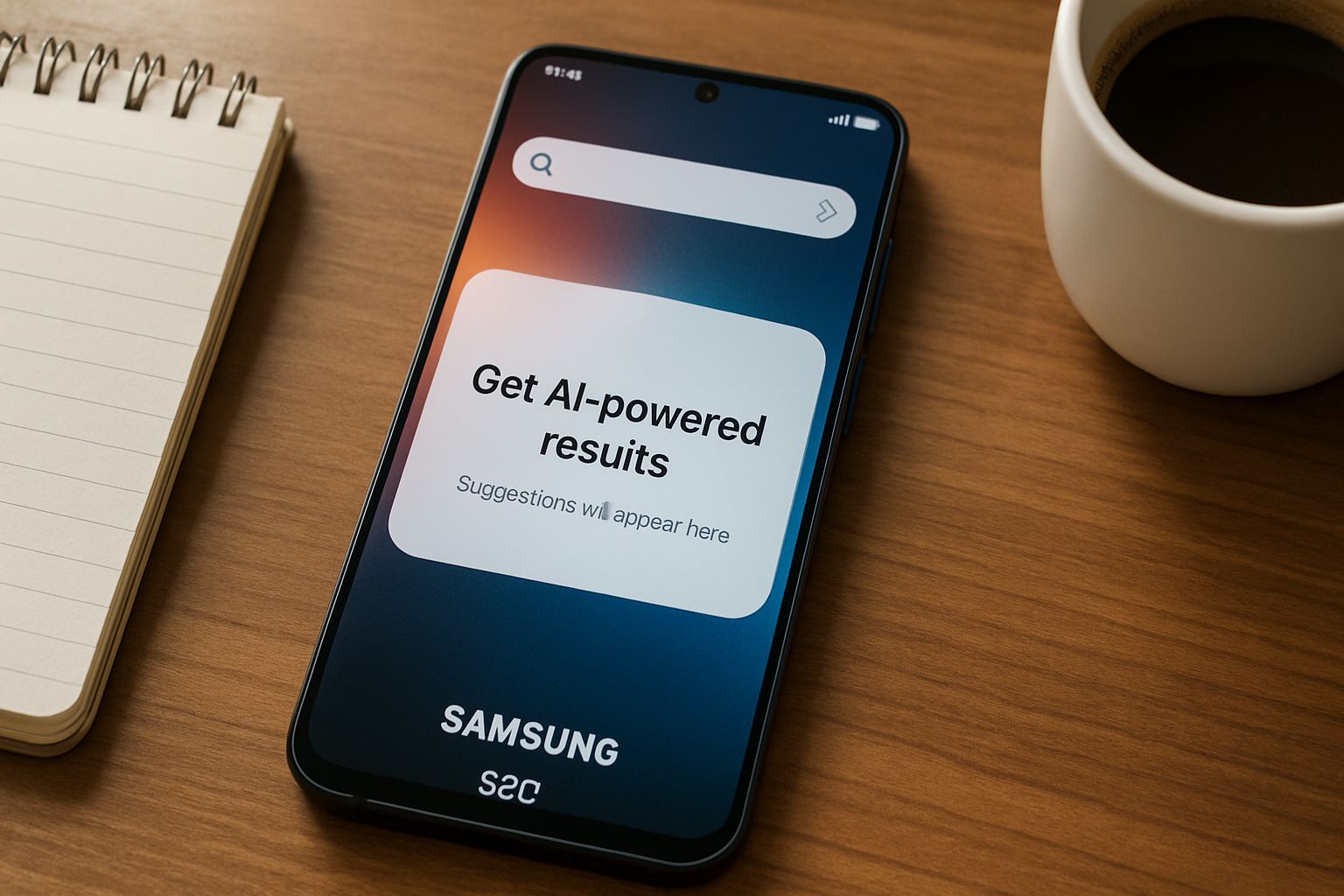 Samsung S26 displaying On-Device Search feature in a natural workspace