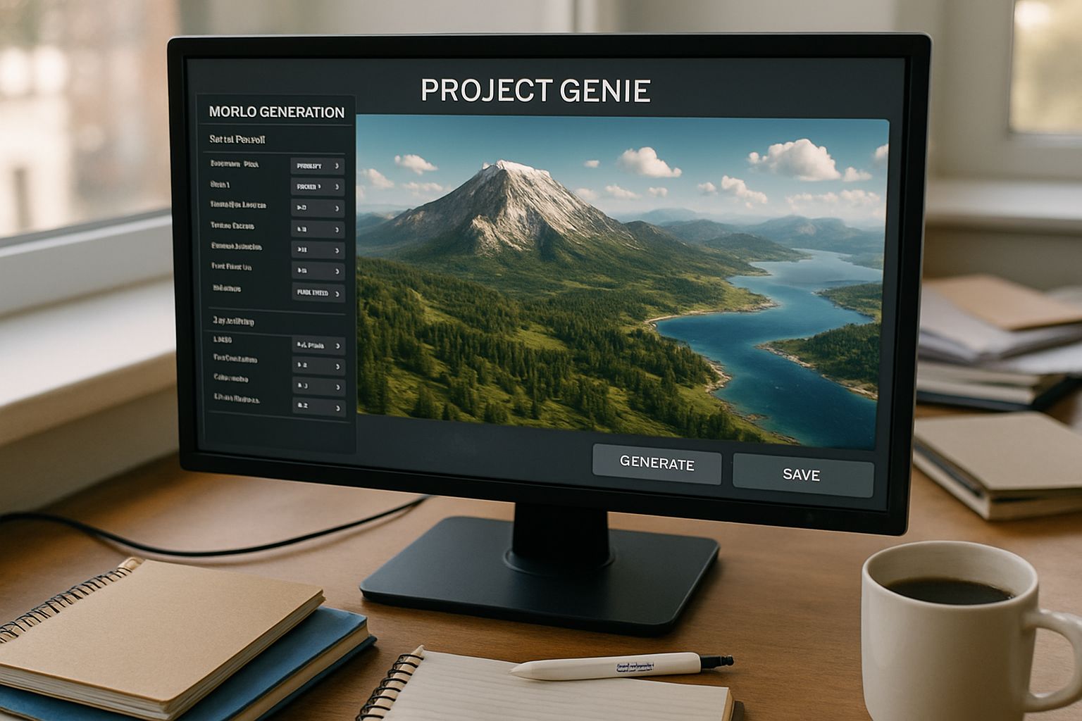 Project Genie interface generating virtual worlds on desktop screen.