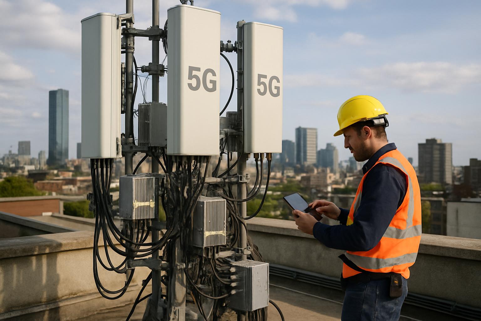 5G telecom infrastructure with technician on urban rooftop