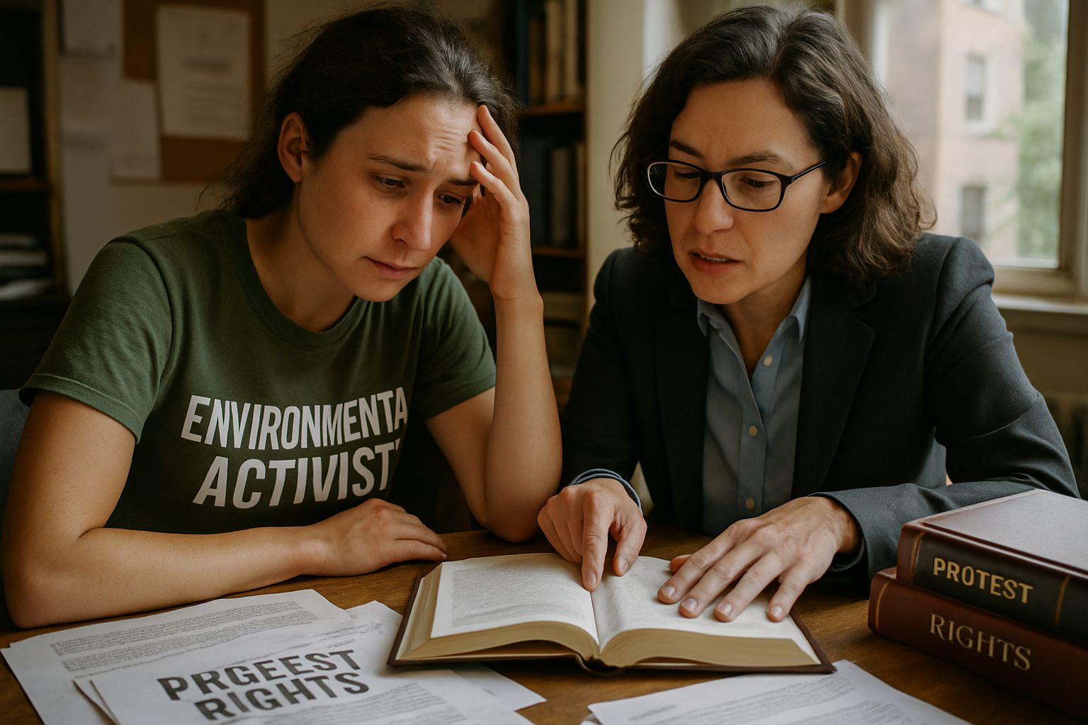 Environmental Activism Ethics consultation between activist and lawyer on protest rights.