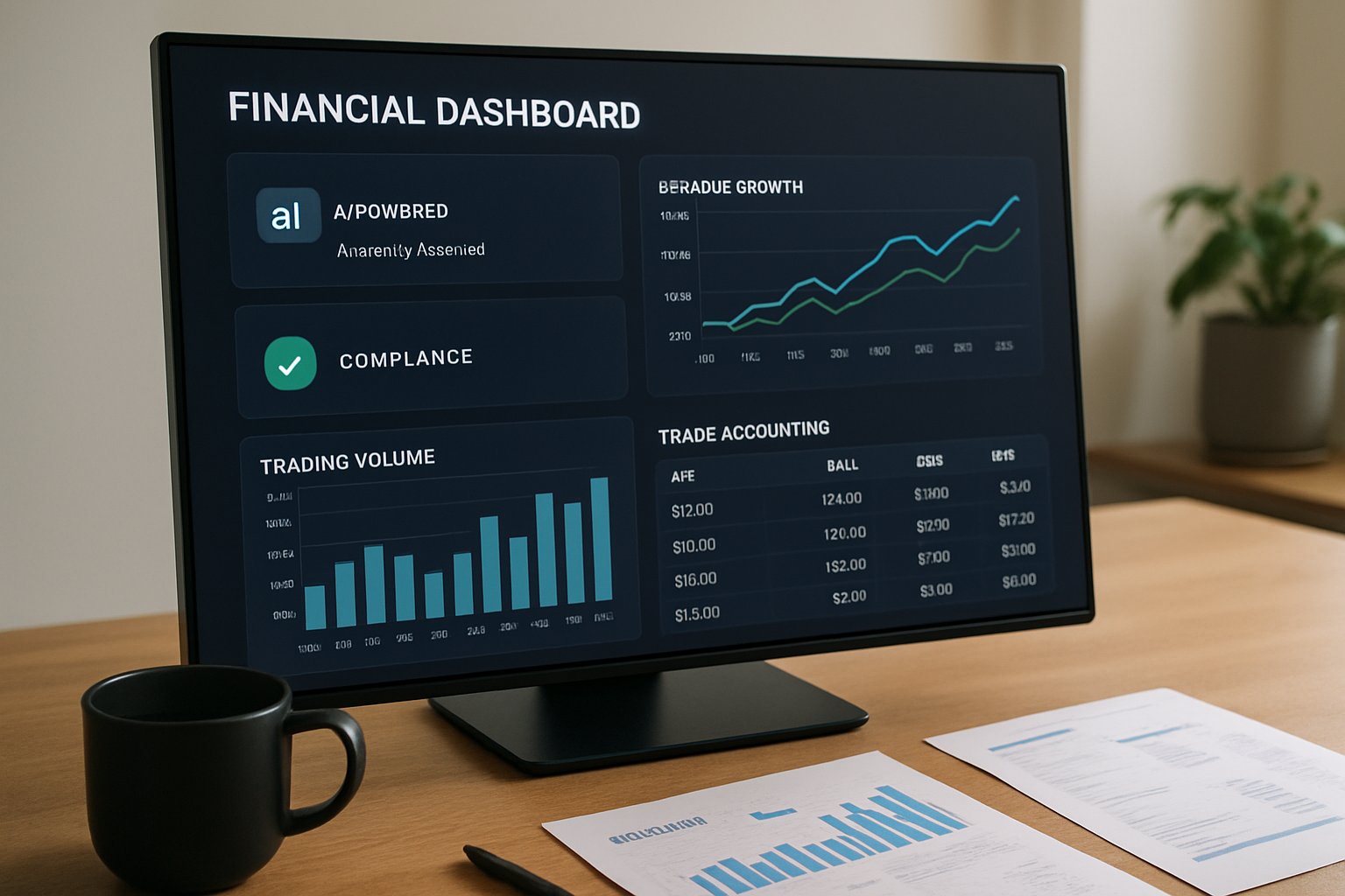 Financial AI dashboard automating trade accounting for banking compliance.