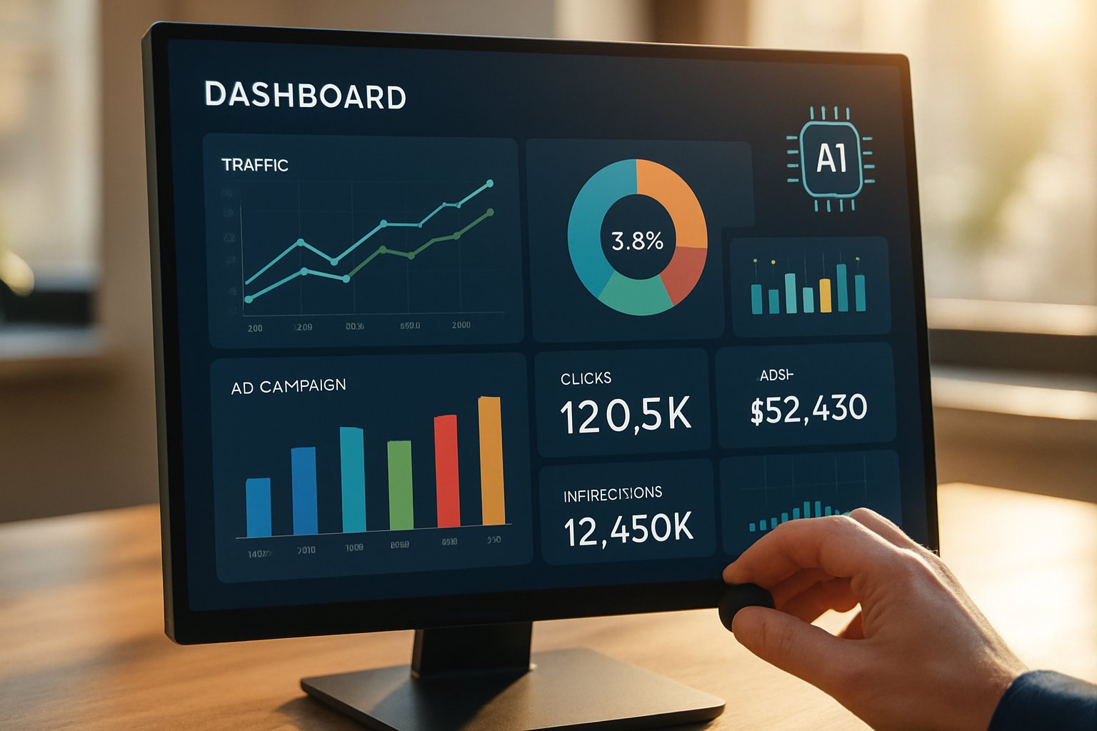 Marketer using dashboard to optimize AI Advertising campaigns and analyze results.