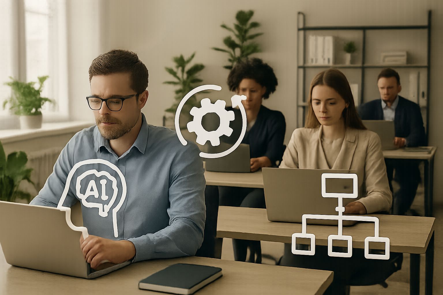 Office professionals work with AI agents to support organizational change efforts.