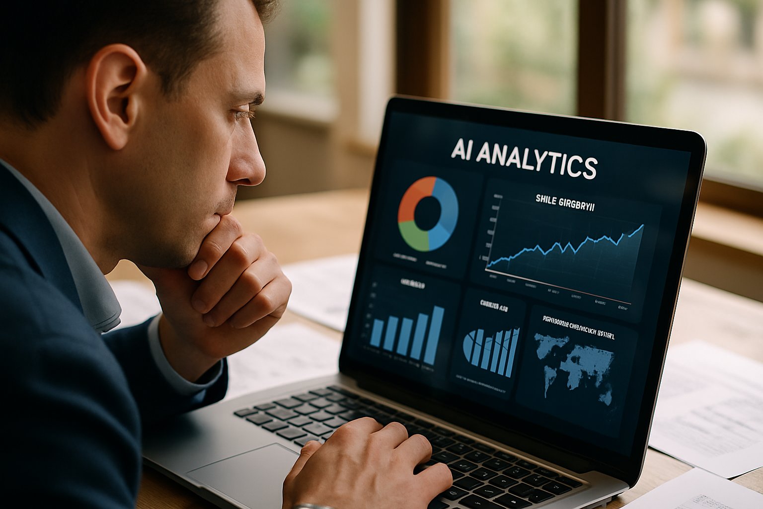 Sales manager reviewing AI Sales analytics on a laptop in a realistic office.