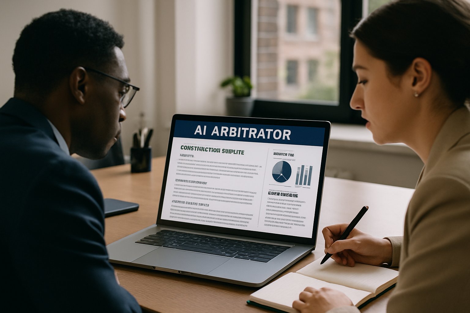 AI Arbitrator interface on laptop resolving construction disputes in an office.