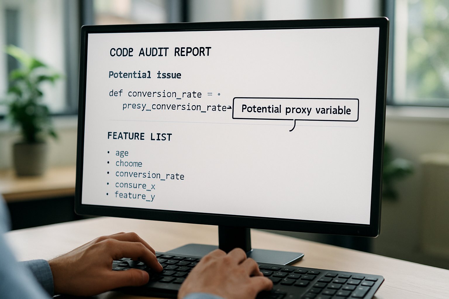 Data analyst checking proxy variables in AI hiring system audit.