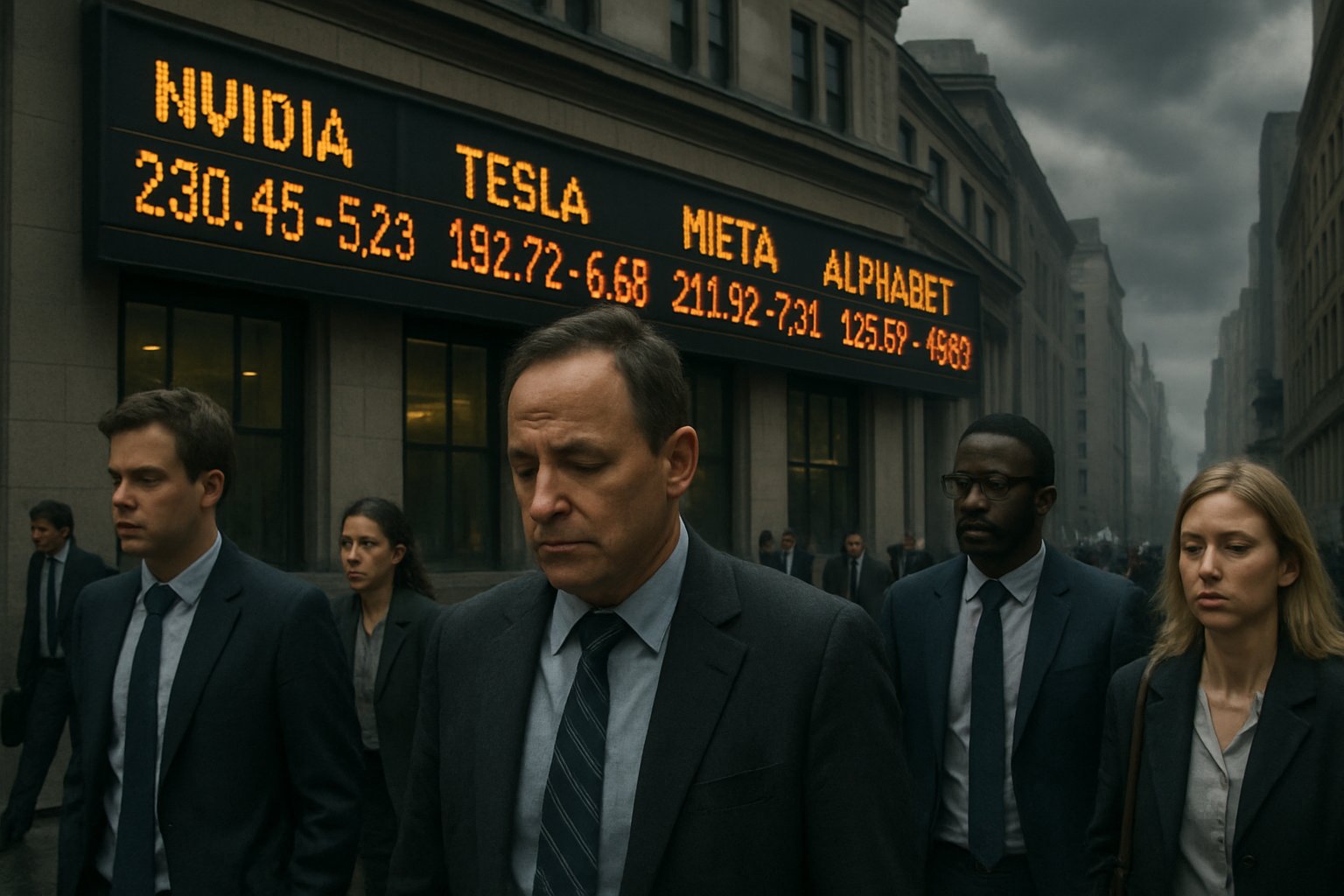 Investors walk in a financial district as AI Market Bubble concerns cause volatility.