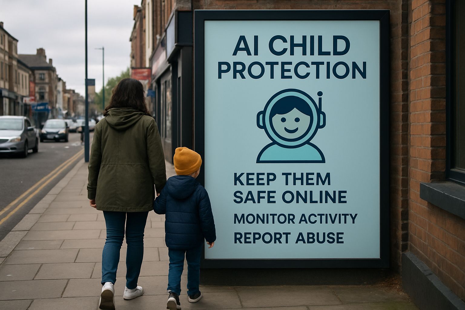 AI Child Protection campaign billboard seen in a UK city with parent and child