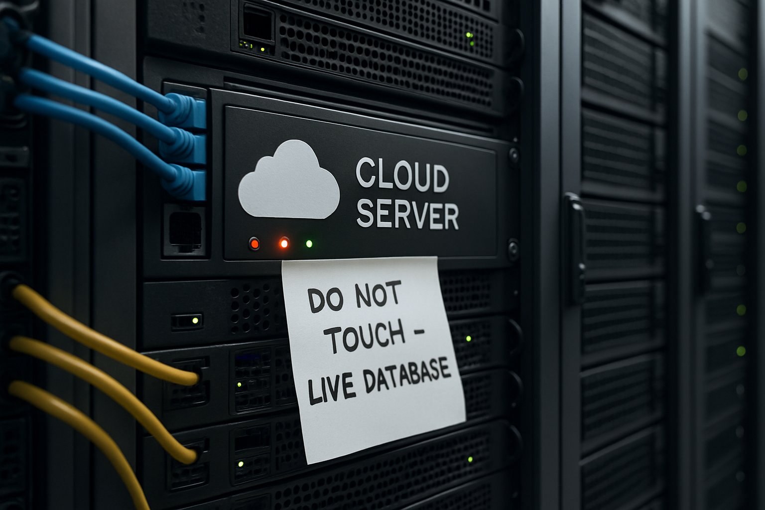 AI Cloud server racks with live database warning note.
