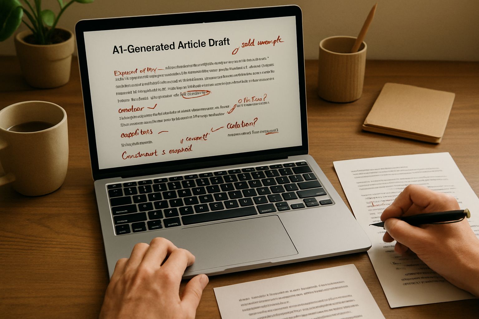 AI Writer article draft with handwritten editorial feedback on a realistic desk.