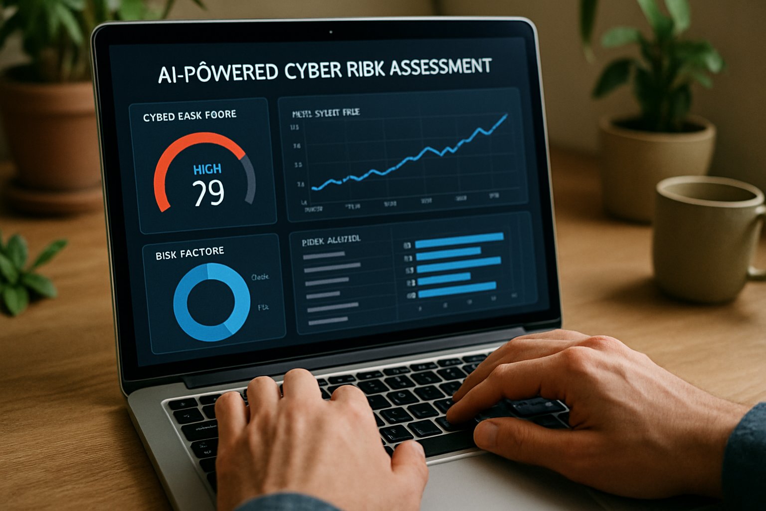 Person analyzes AI Cyber risk assessment dashboard for insurance underwriting.