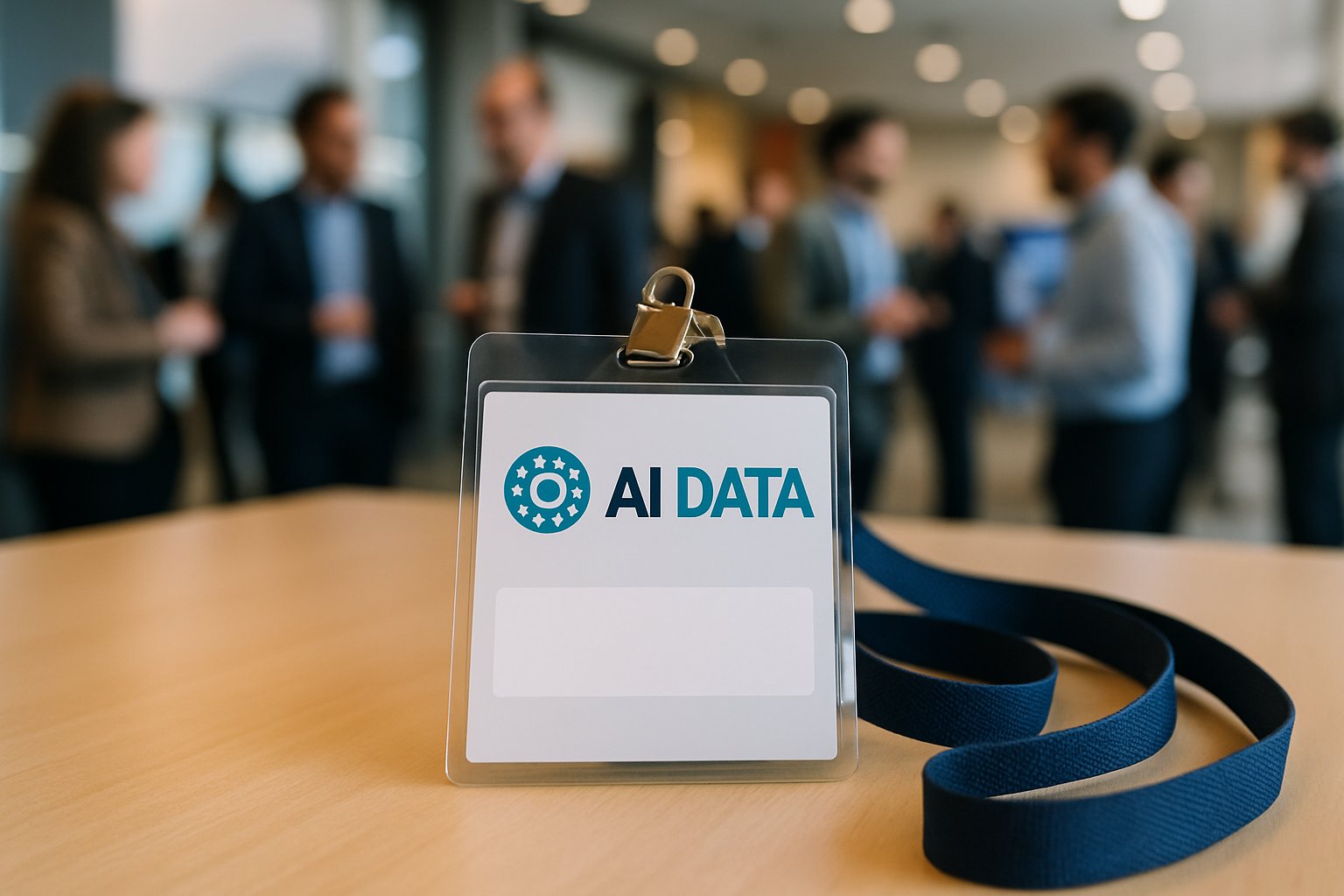 AI Data event badge displayed in a conference setting.