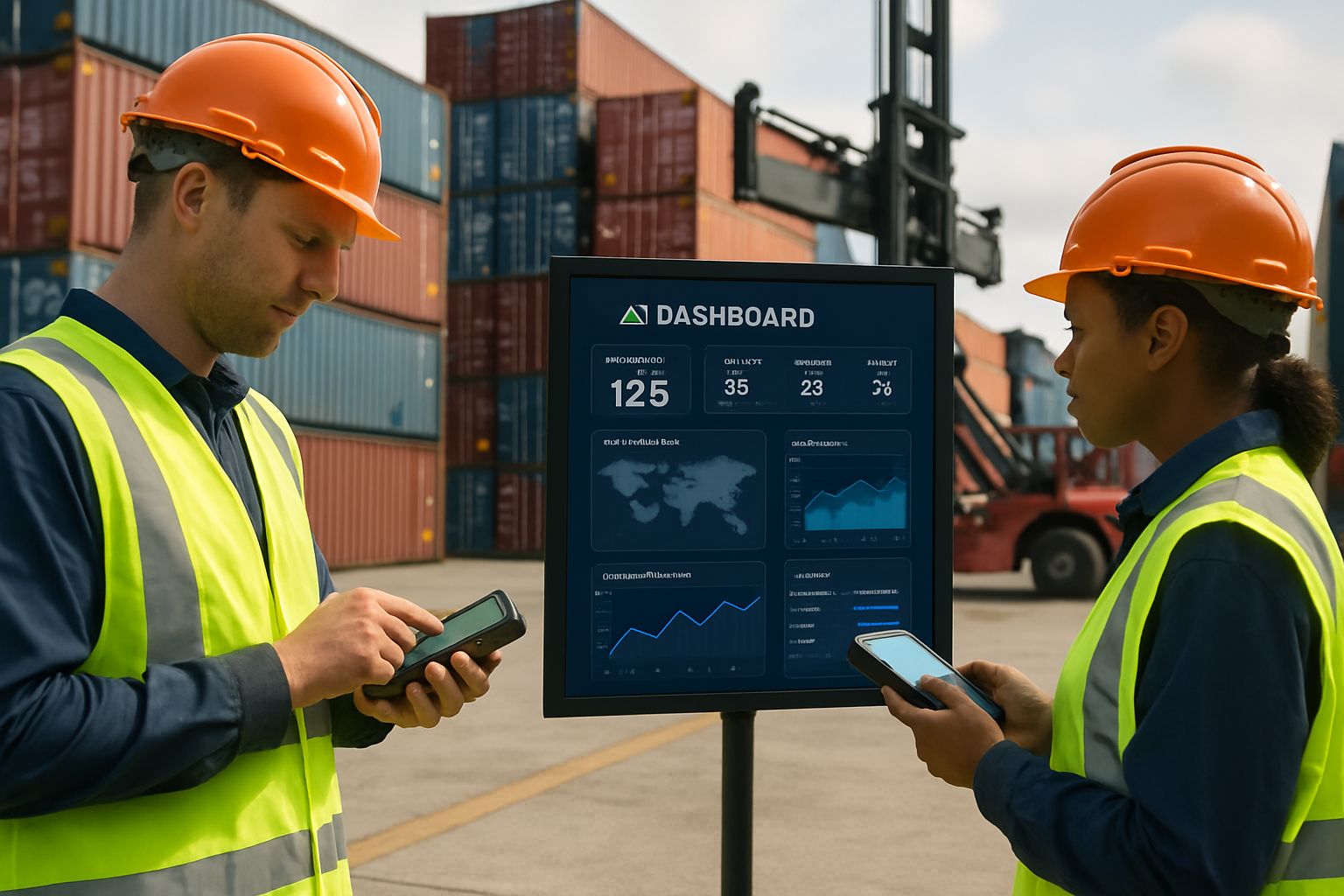 Workers managing shipments with AI Supply Chain technology at a busy port.