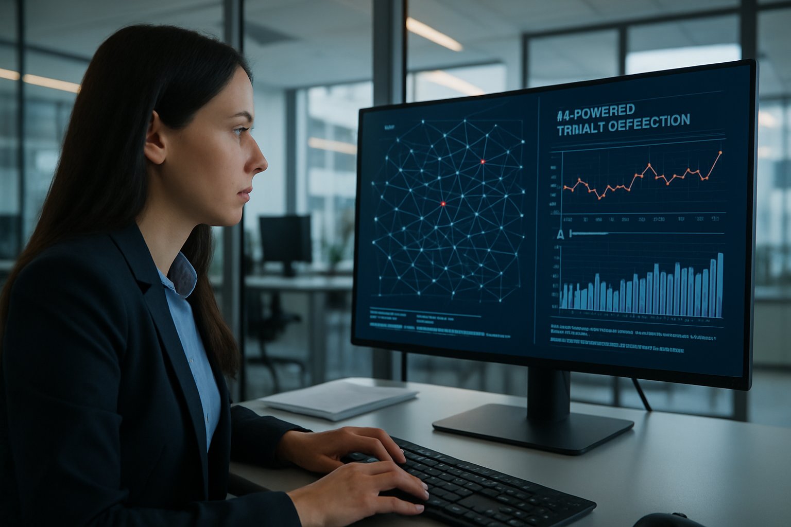 Cybersecurity analyst using AI Network Defense visualizations in office.