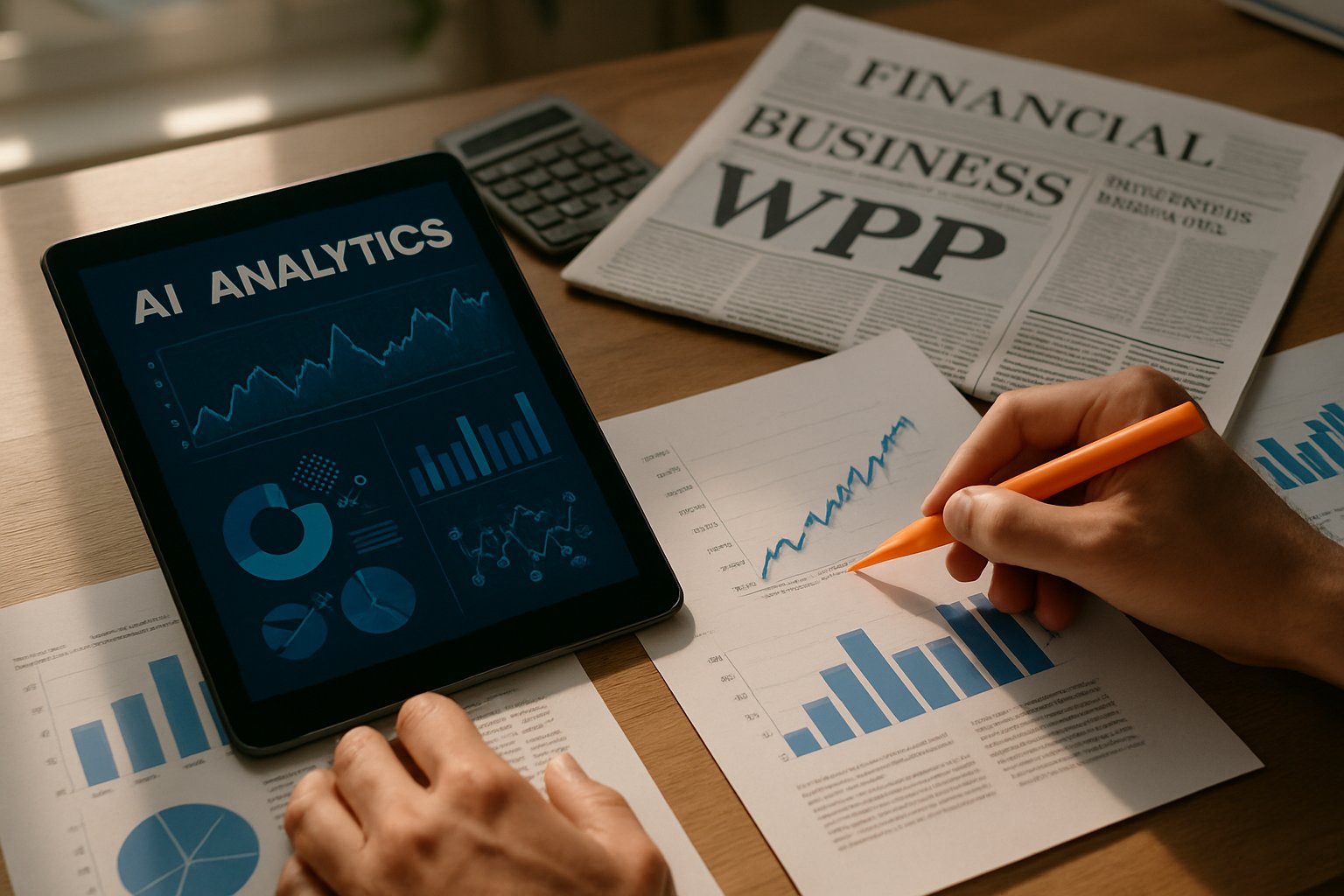 Desk with AI analytics and financial reports about marketing industry disruption.