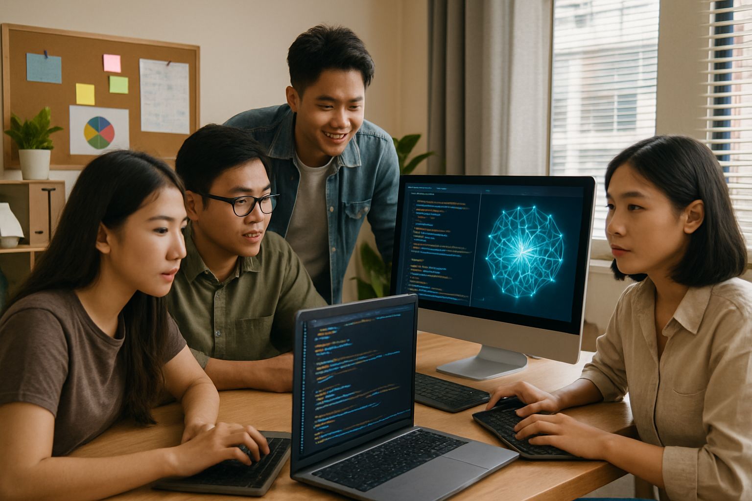 Thai professionals collaborating on AI education project in a modern office.