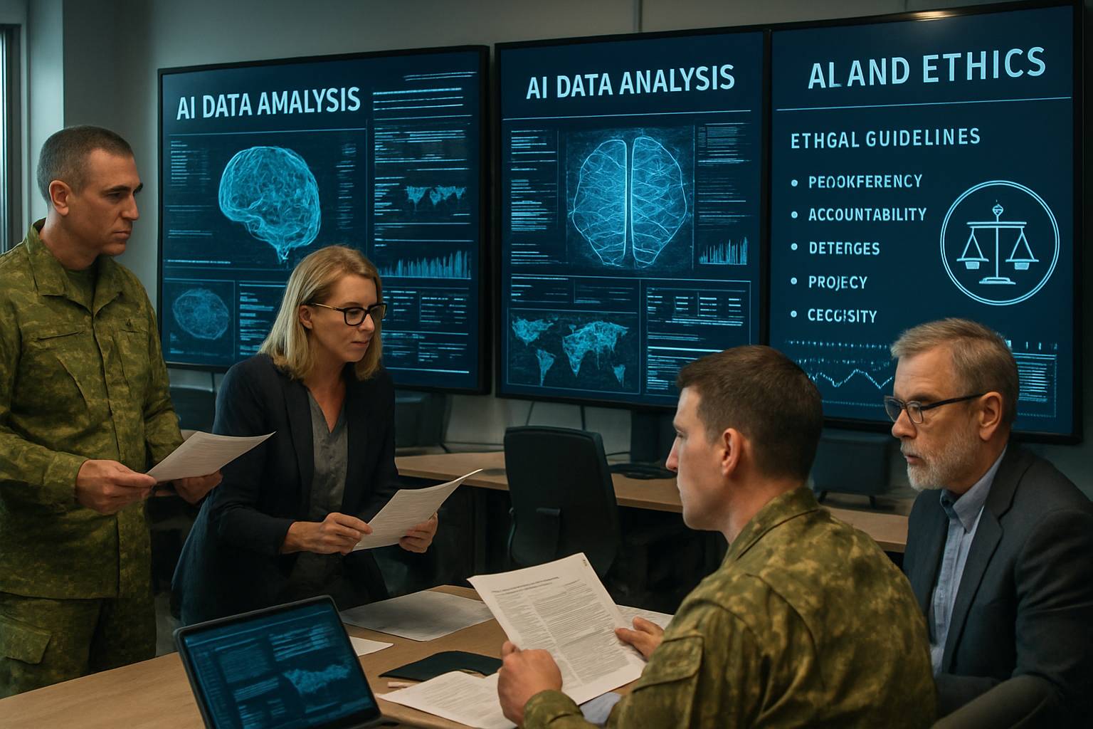 Military command center reviews Defense AI Ethics guidelines and data analysis.