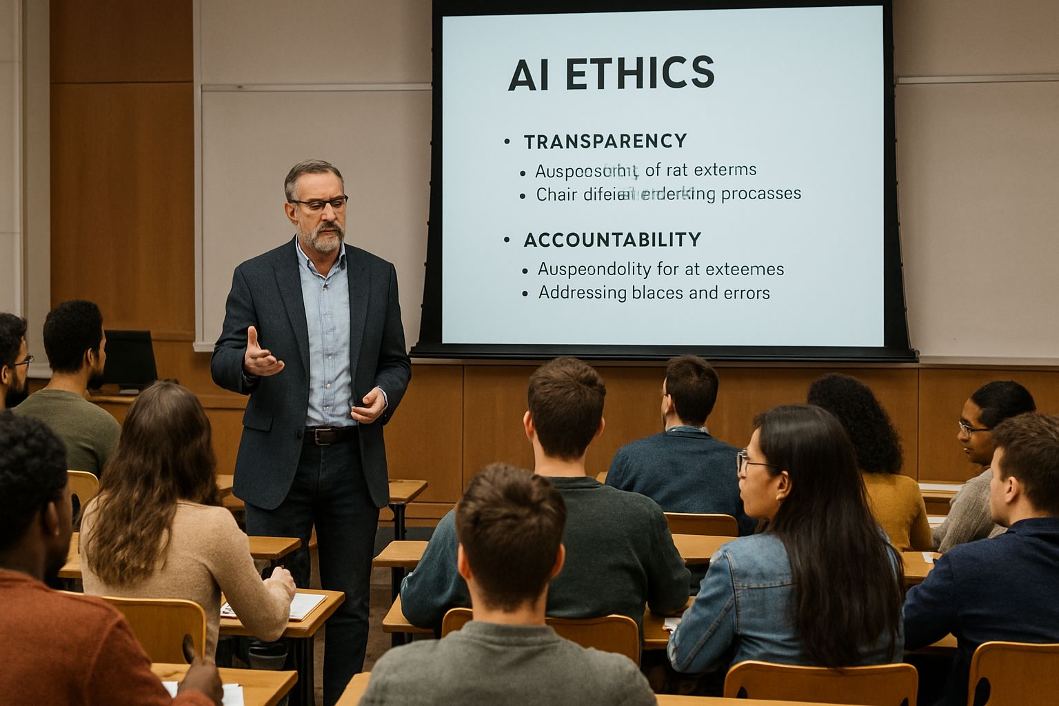 Professor teaching AI Ethics to university students in a lecture hall.