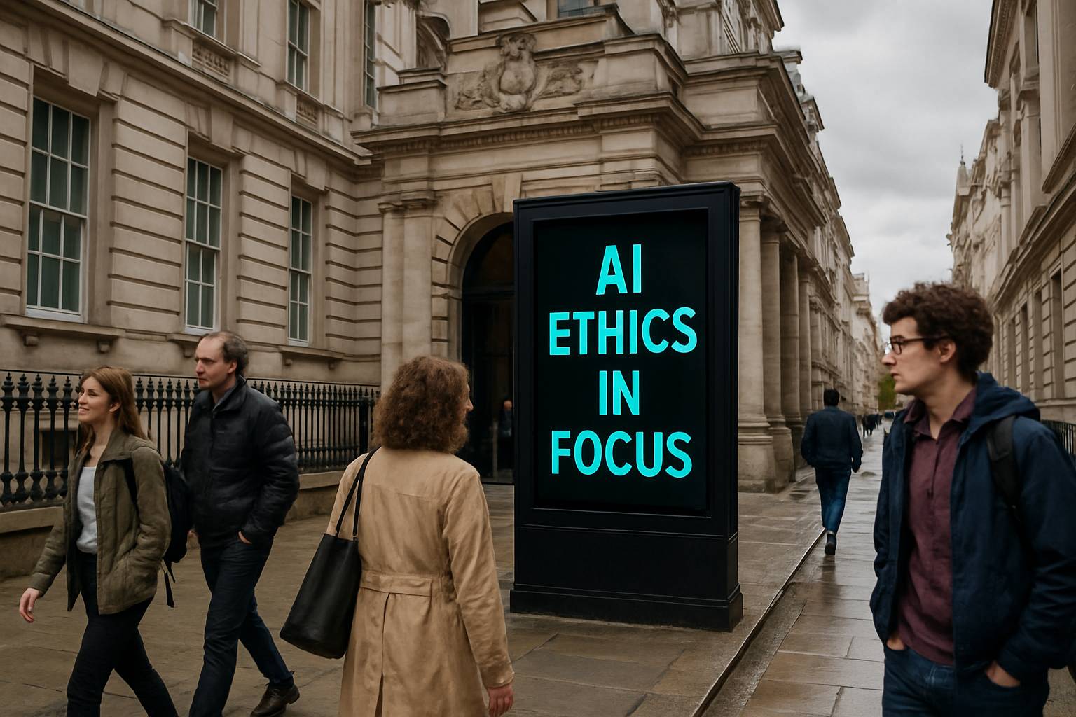 UK government building with AI Ethics digital sign and people nearby.