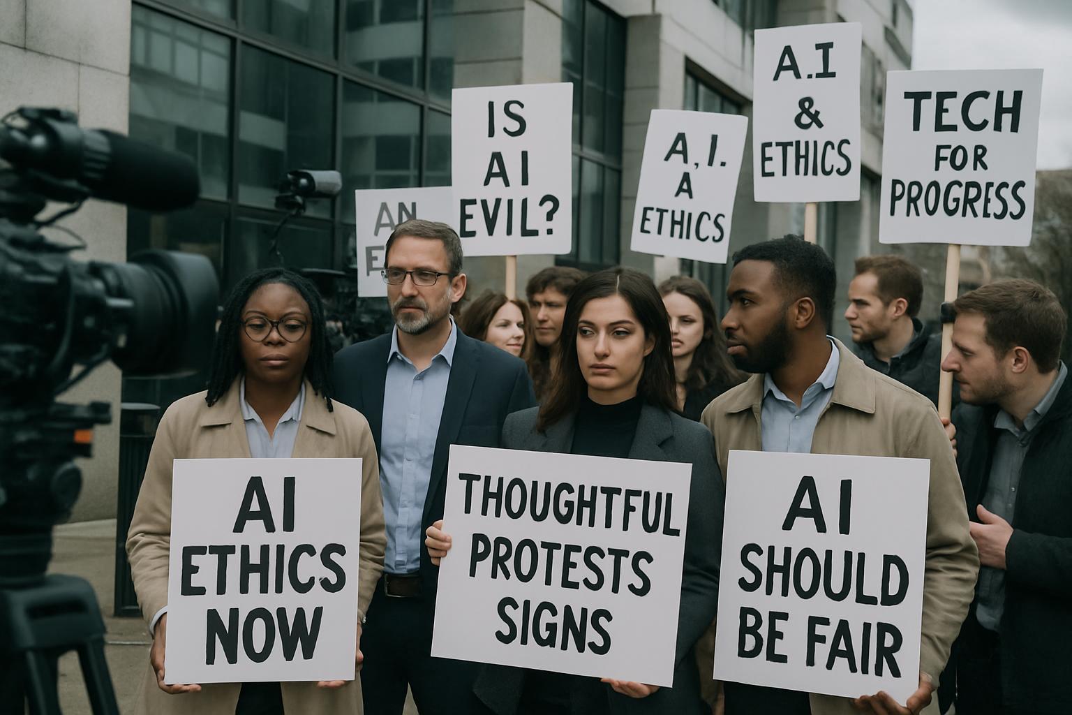 Tech workers protesting AI ethics and military use, holding signs for responsible AI development