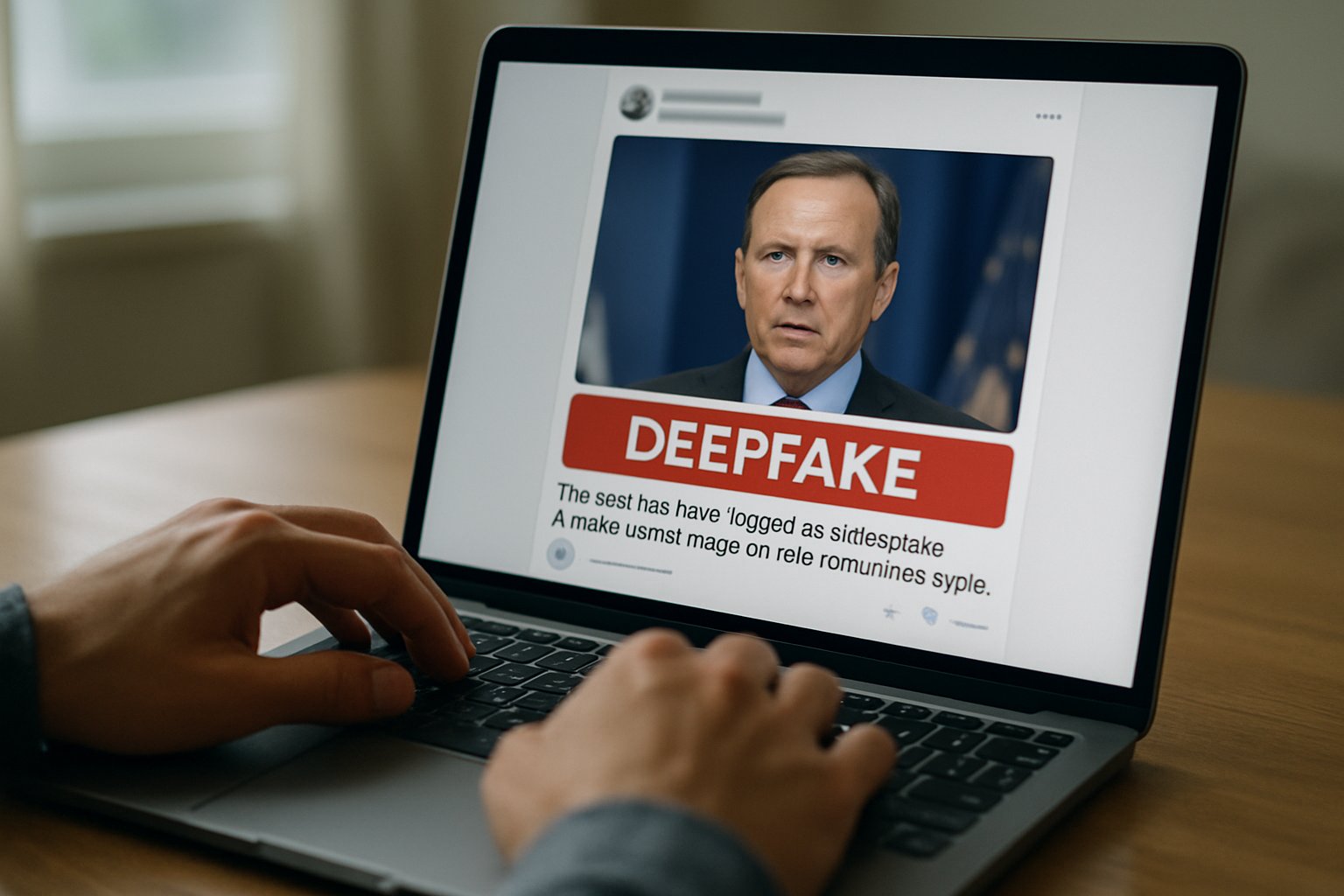 Laptop screen showing deepfake flagged for Censorship via AI on social media.