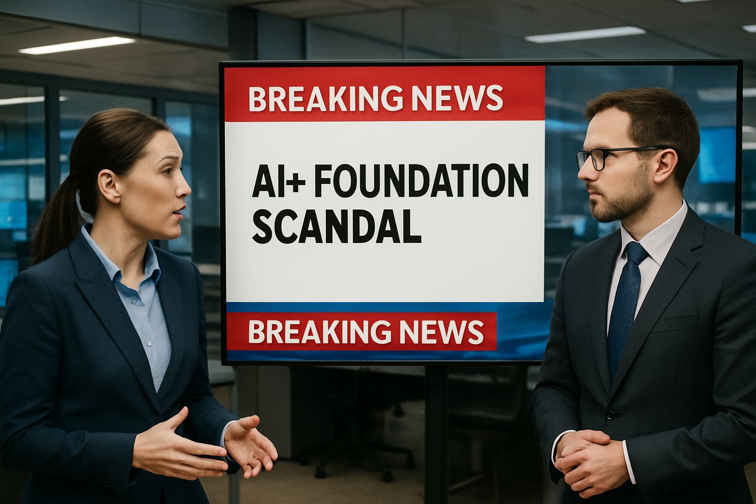 AI+ Foundation scandal coverage in modern newsroom with journalists discussing robotic dog incident