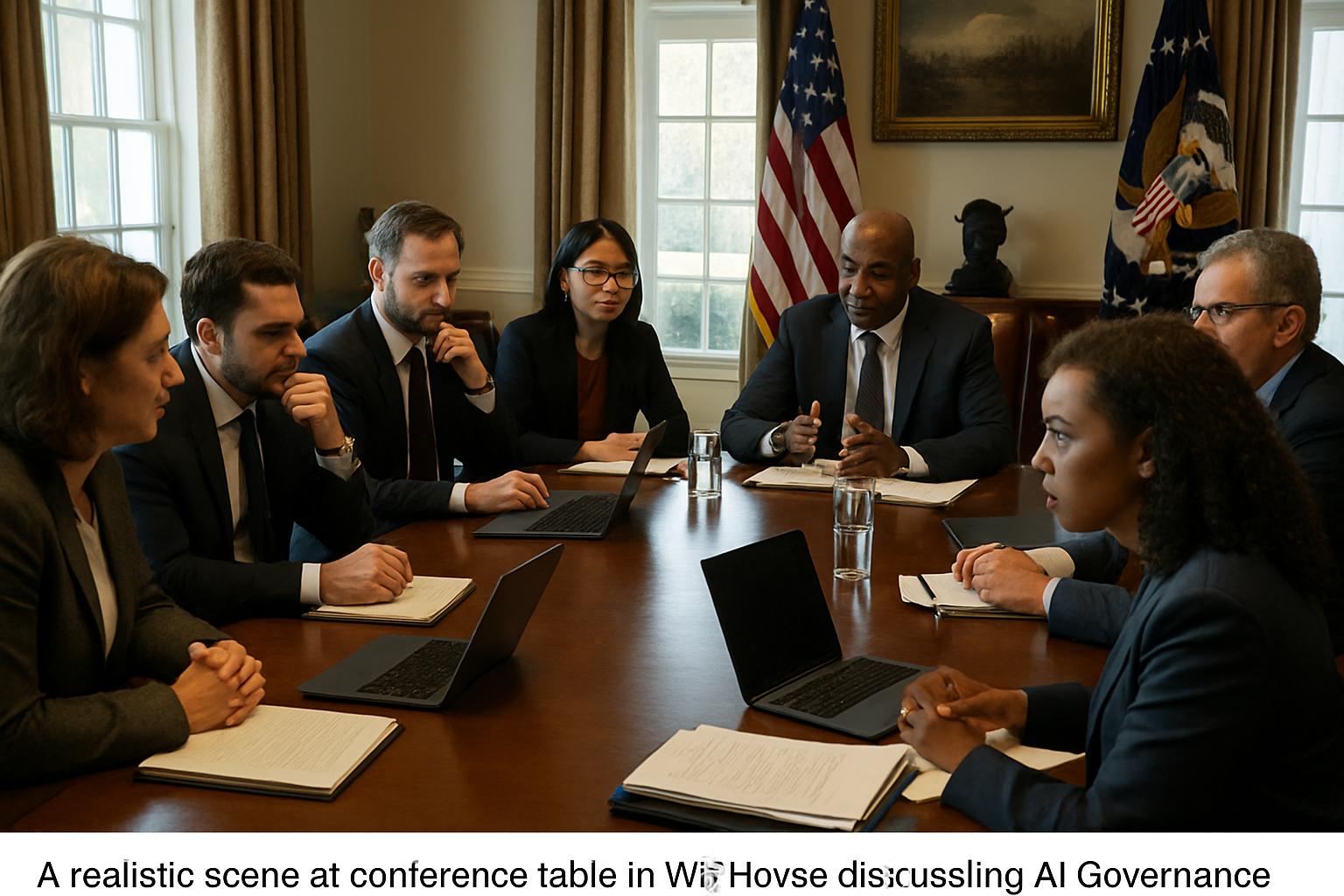 White House officials discussing AI Governance protocols during a meeting.