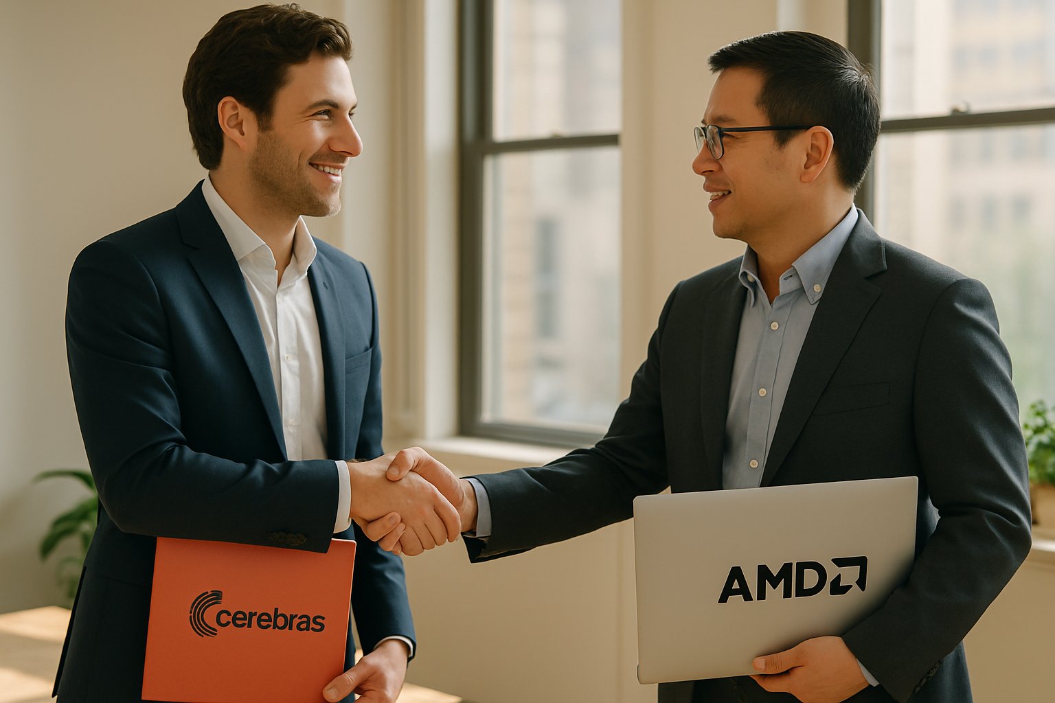 Chip Supply Diversification agreements represented by Cerebras and AMD executives meeting in a modern office.
