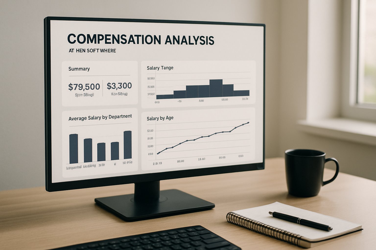 AI HR compensation analysis software displayed on office monitor for researchers