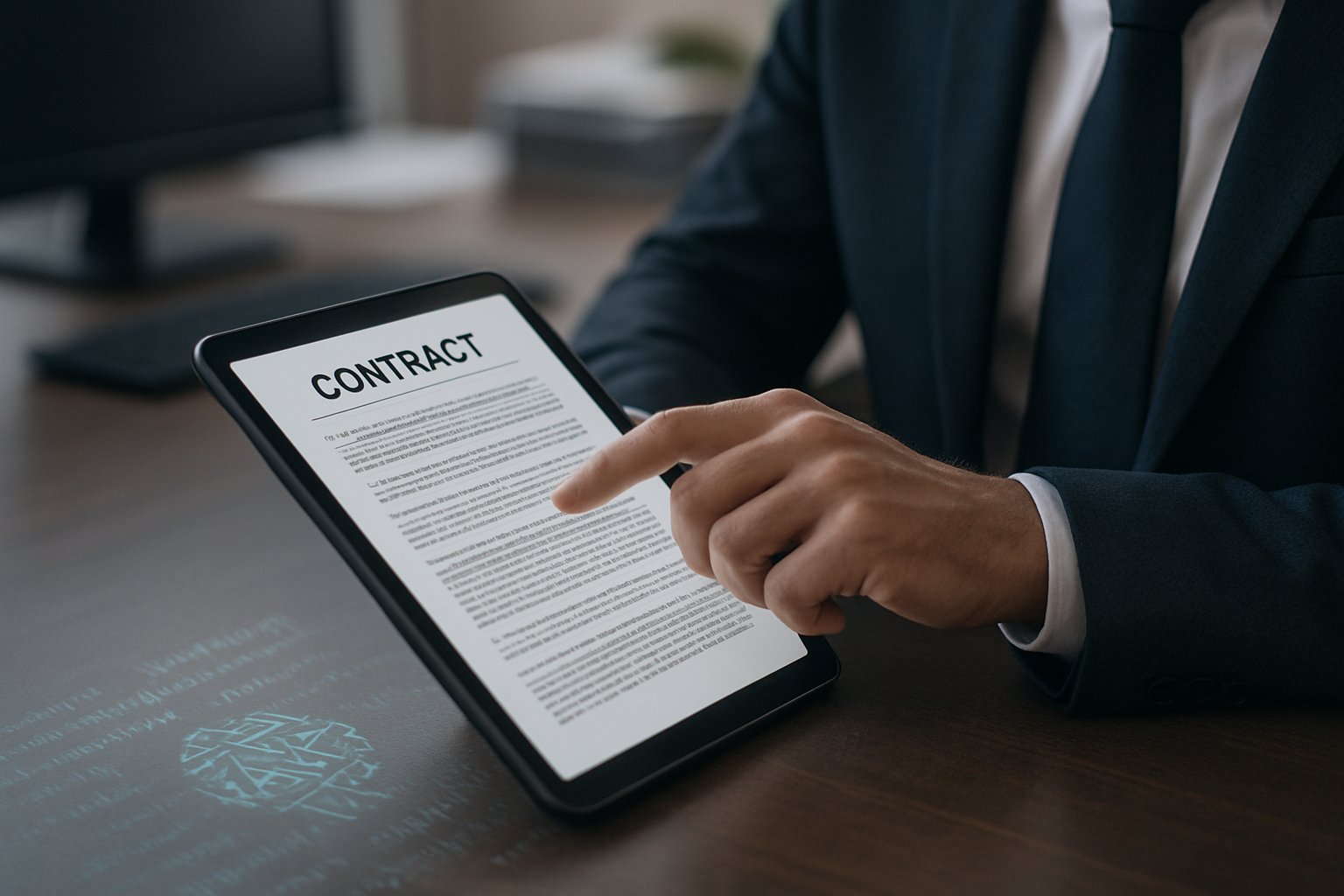 Professional disruption with AI-integrated legal contract review on tablet device.