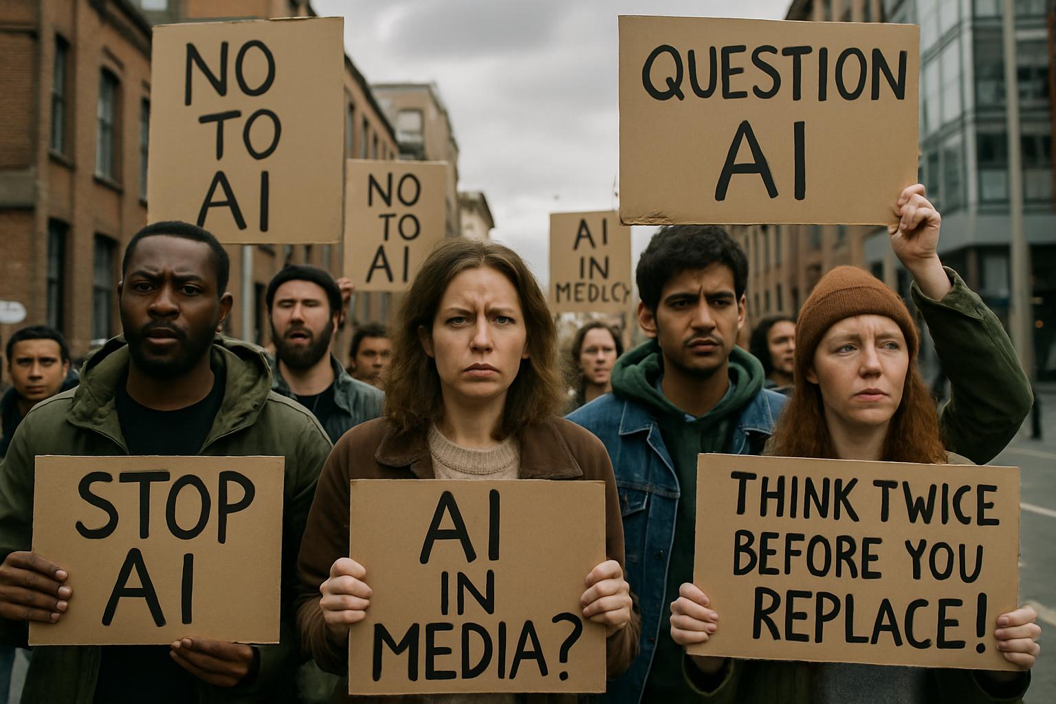 Protesters debate the ethics of AI in Media impacting entertainment.